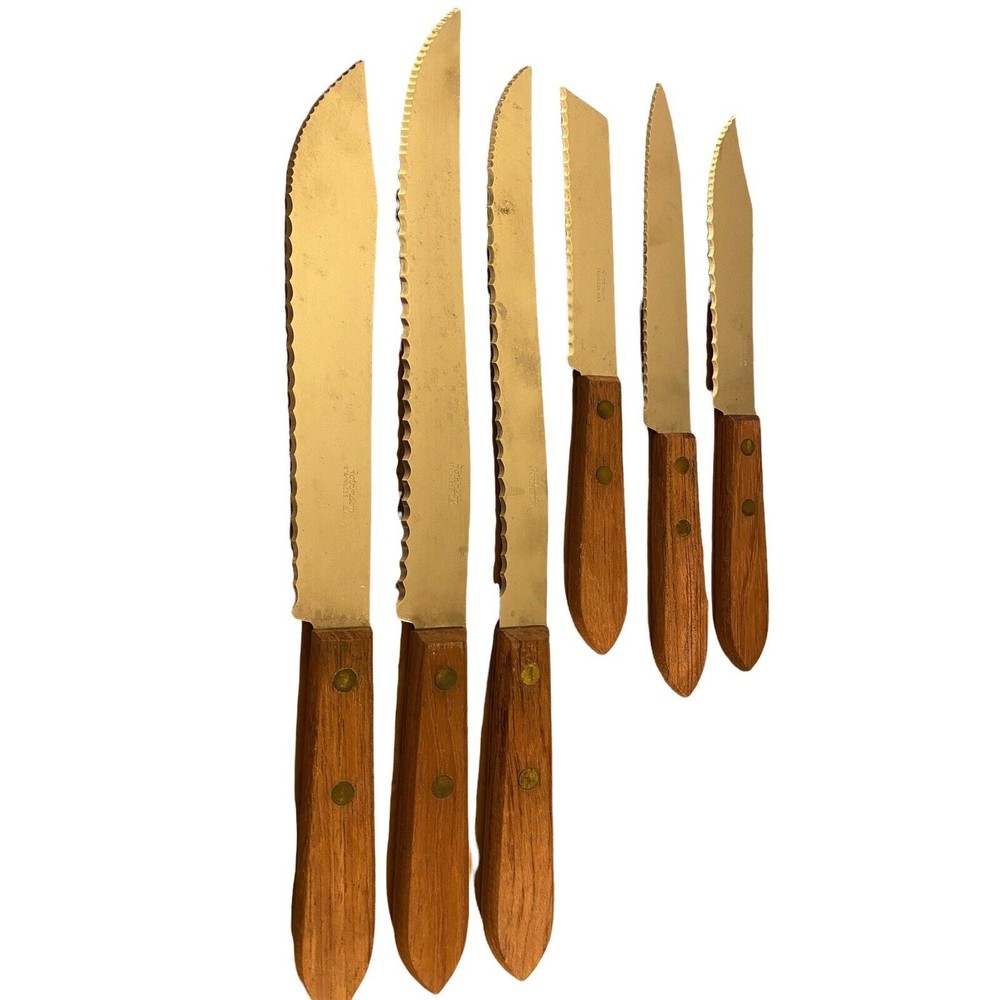 Lot of 6 Vintage Robinson Stainless Steel Kitchen Knives Wooden Handles